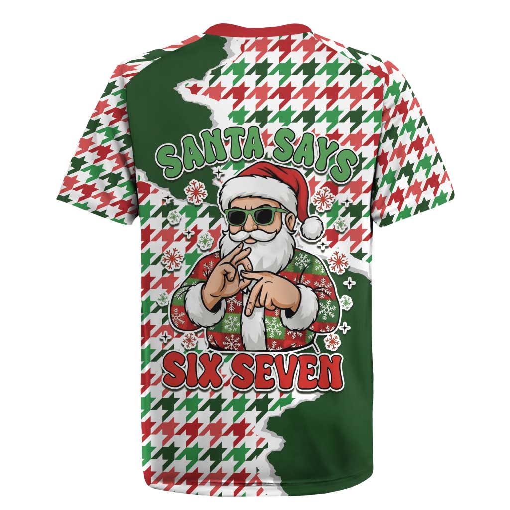 Funny Santa Claus Says Six Seven Rugby Jersey Christmas Houndstooth Pattern - Wonder Print Shop