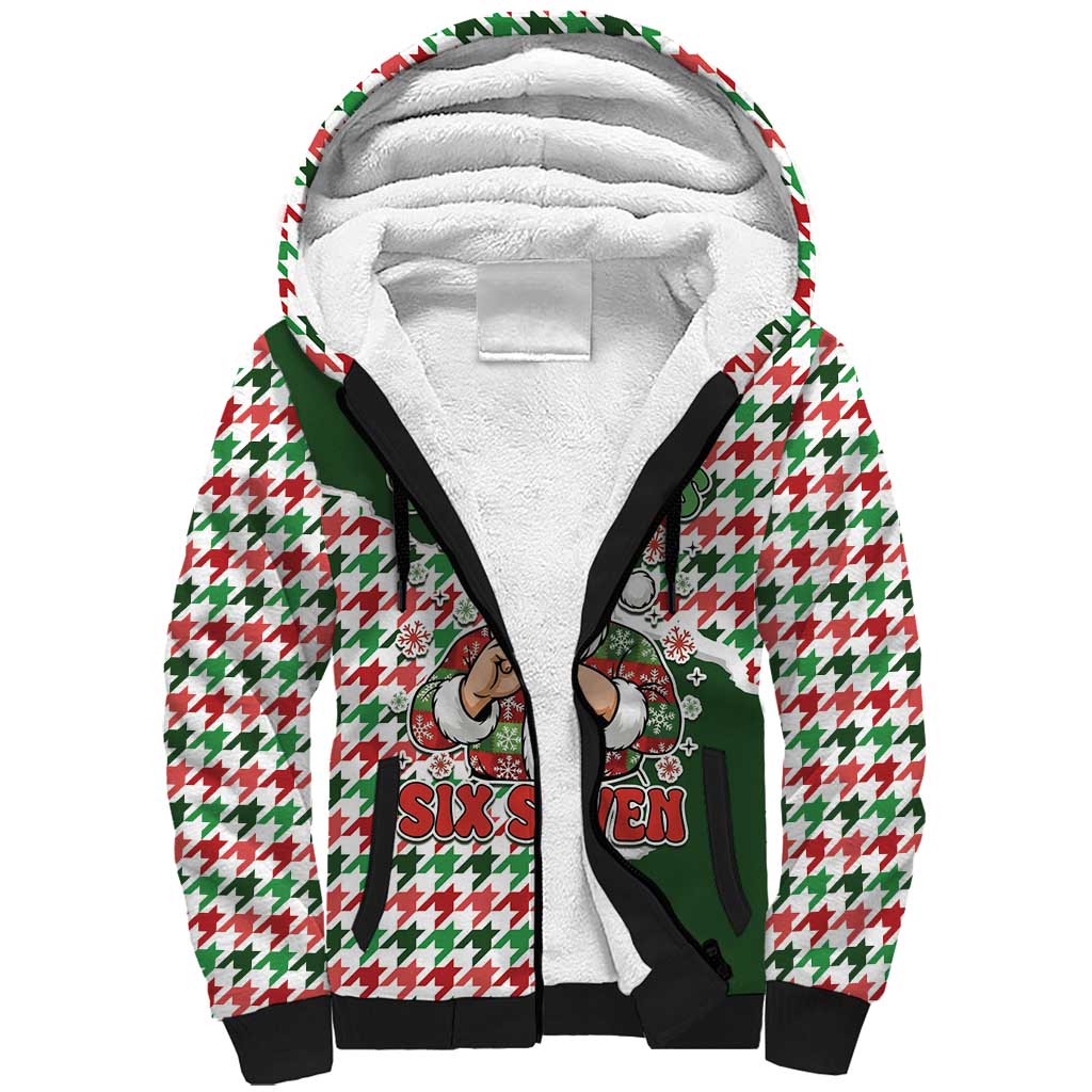 Funny Santa Claus Says Six Seven Sherpa Hoodie Christmas Houndstooth Pattern - Wonder Print Shop