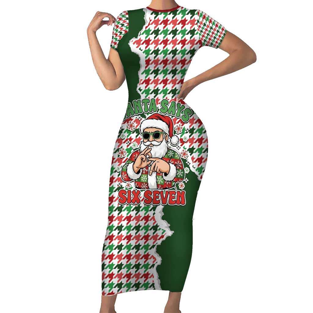Funny Santa Claus Says Six Seven Short Sleeve Bodycon Dress Christmas Houndstooth Pattern - Wonder Print Shop
