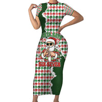 Funny Santa Claus Says Six Seven Short Sleeve Bodycon Dress Christmas Houndstooth Pattern - Wonder Print Shop