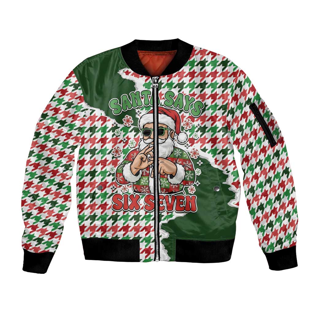 Funny Santa Claus Says Six Seven Sleeve Zip Bomber Jacket Christmas Houndstooth Pattern - Wonder Print Shop