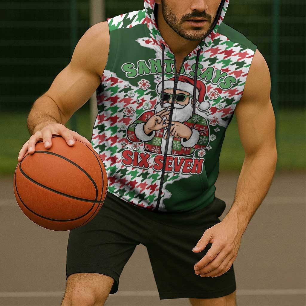 Funny Santa Claus Says Six Seven Sleeveless Zip Hoodie Christmas Houndstooth Pattern - Wonder Print Shop