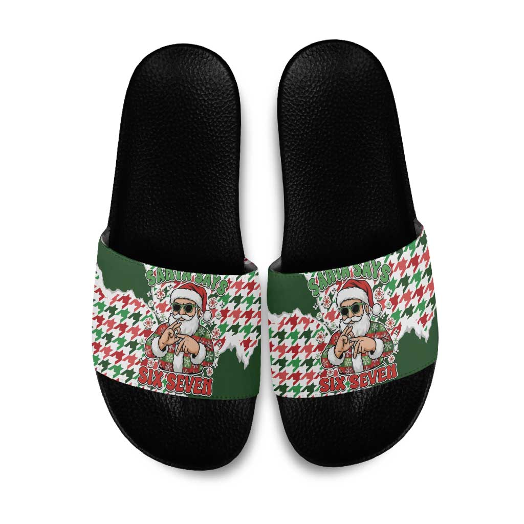 Funny Santa Claus Says Six Seven Slide Sandals Christmas Houndstooth Pattern - Wonder Print Shop