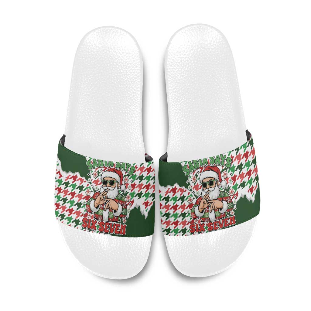 Funny Santa Claus Says Six Seven Slide Sandals Christmas Houndstooth Pattern - Wonder Print Shop