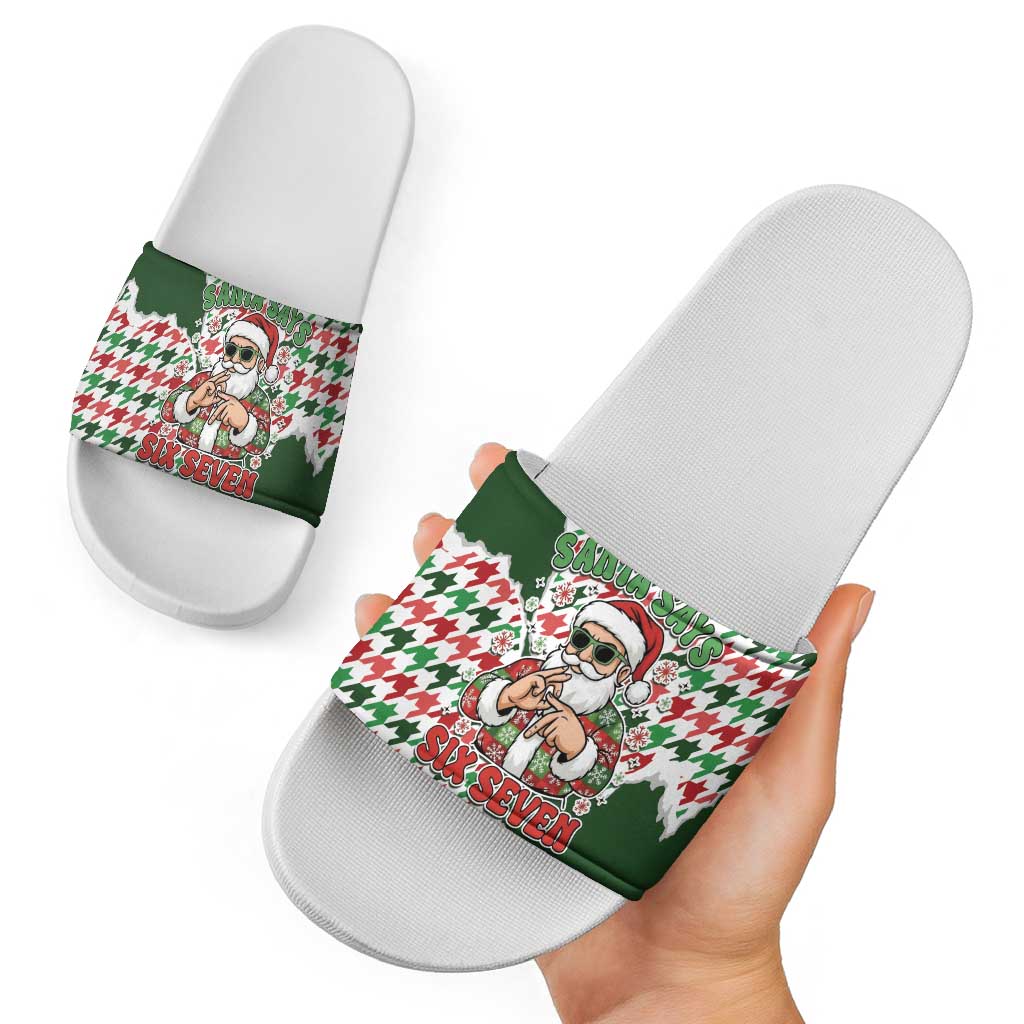 Funny Santa Claus Says Six Seven Slide Sandals Christmas Houndstooth Pattern - Wonder Print Shop