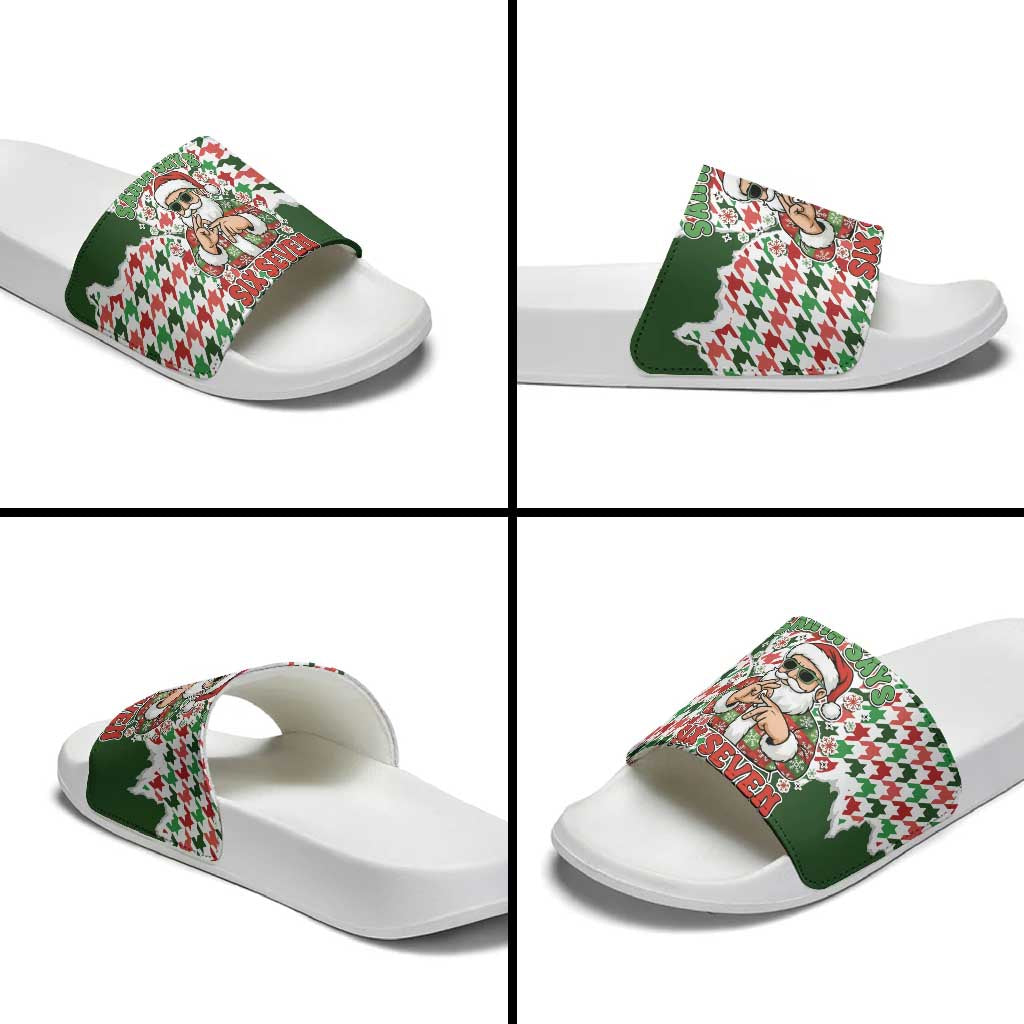 Funny Santa Claus Says Six Seven Slide Sandals Christmas Houndstooth Pattern - Wonder Print Shop