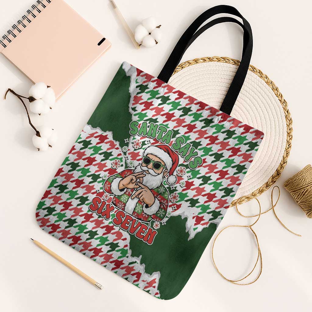 Funny Santa Claus Says Six Seven Tote Bag Christmas Houndstooth Pattern - Wonder Print Shop