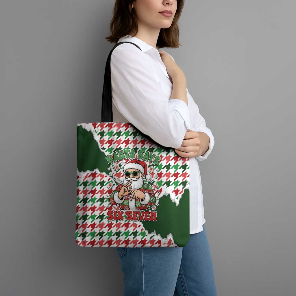 Funny Santa Claus Says Six Seven Tote Bag Christmas Houndstooth Pattern - Wonder Print Shop