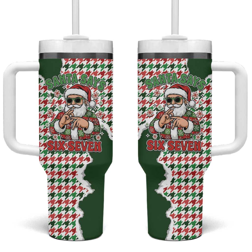Funny Santa Claus Says Six Seven Tumbler With Handle Christmas Houndstooth Pattern - Wonder Print Shop