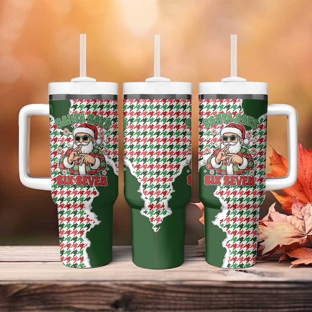 Funny Santa Claus Says Six Seven Tumbler With Handle Christmas Houndstooth Pattern - Wonder Print Shop