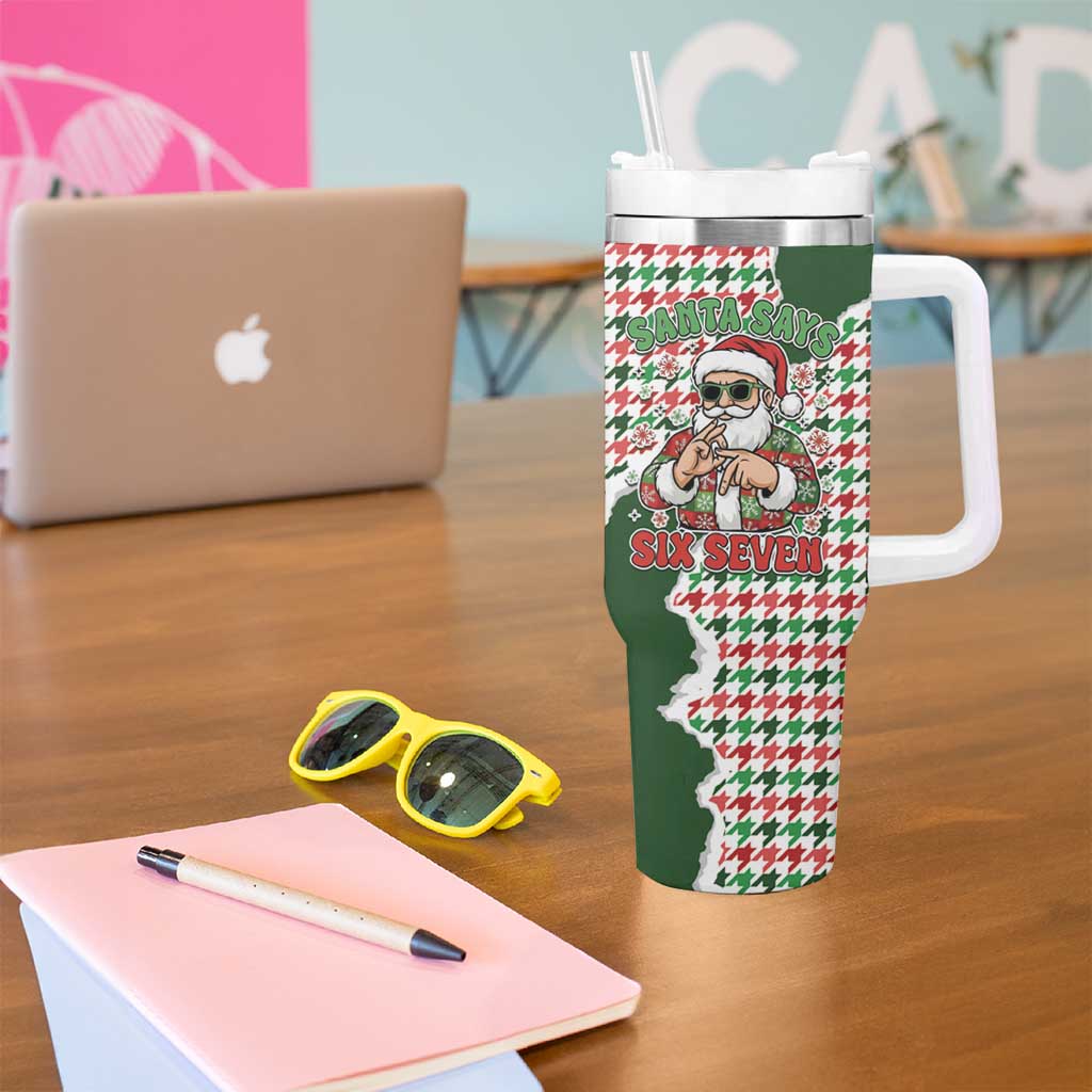 Funny Santa Claus Says Six Seven Tumbler With Handle Christmas Houndstooth Pattern - Wonder Print Shop