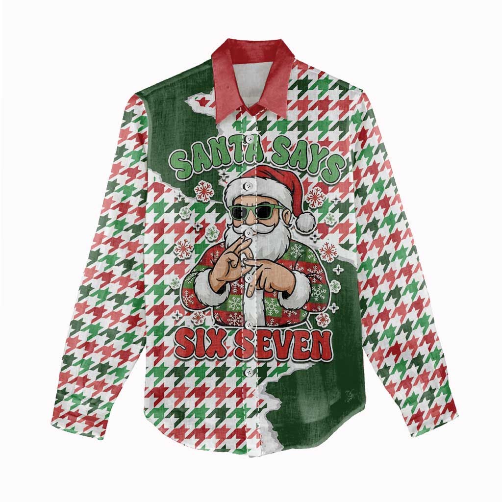 Funny Santa Claus Says Six Seven Women Casual Shirt Christmas Houndstooth Pattern - Wonder Print Shop