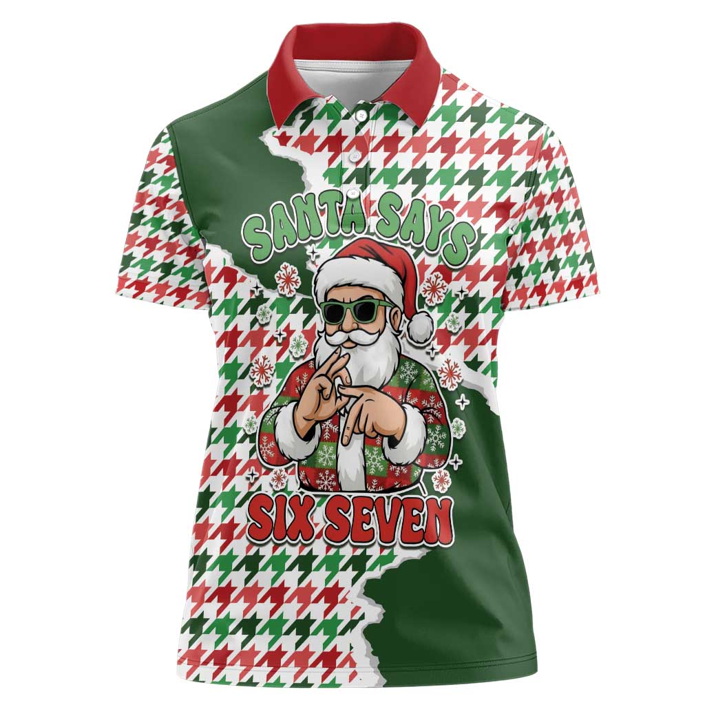 Funny Santa Claus Says Six Seven Women Polo Shirt Christmas Houndstooth Pattern - Wonder Print Shop