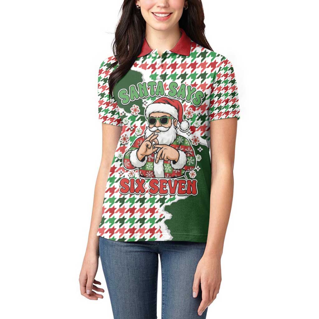 Funny Santa Claus Says Six Seven Women Polo Shirt Christmas Houndstooth Pattern - Wonder Print Shop
