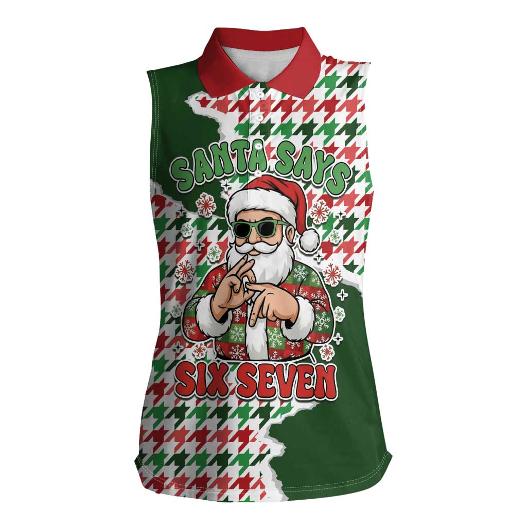 Funny Santa Claus Says Six Seven Women Sleeveless Polo Shirt Christmas Houndstooth Pattern - Wonder Print Shop