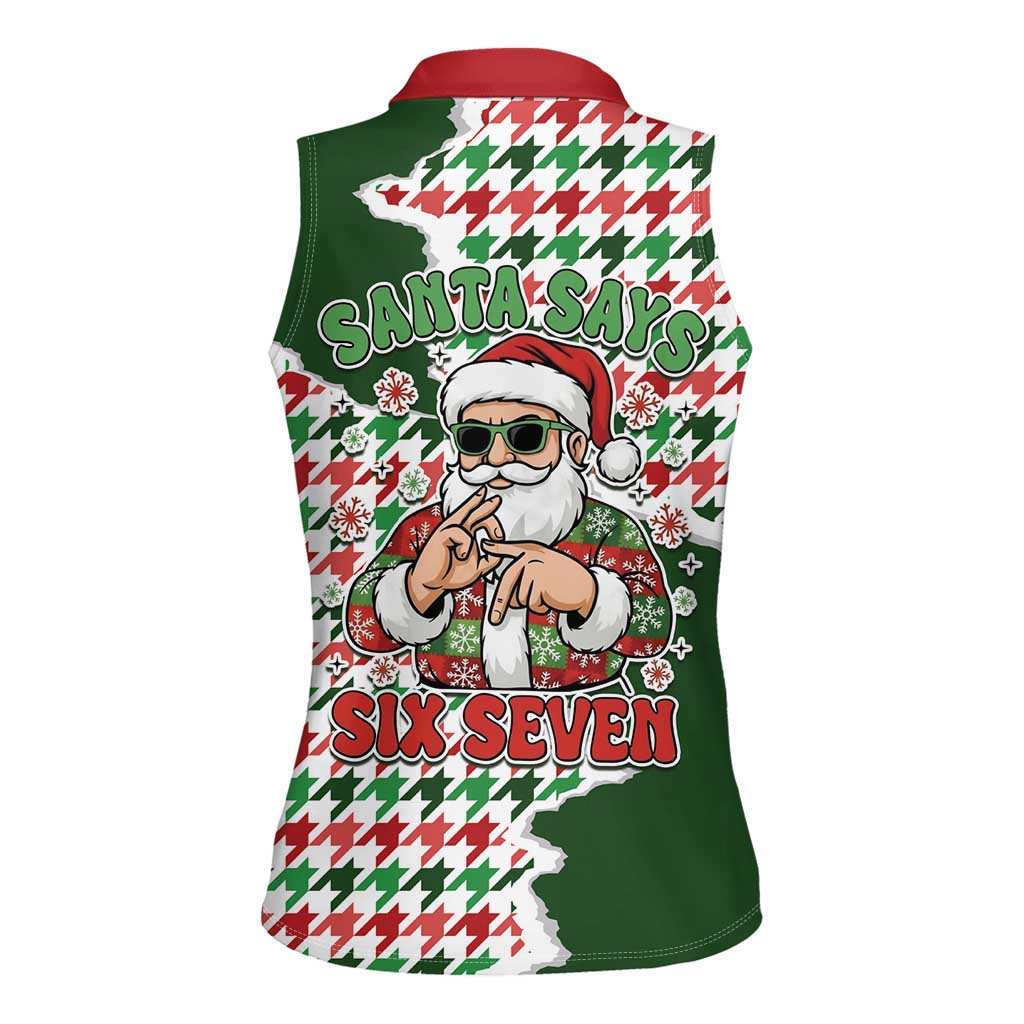 Funny Santa Claus Says Six Seven Women Sleeveless Polo Shirt Christmas Houndstooth Pattern - Wonder Print Shop