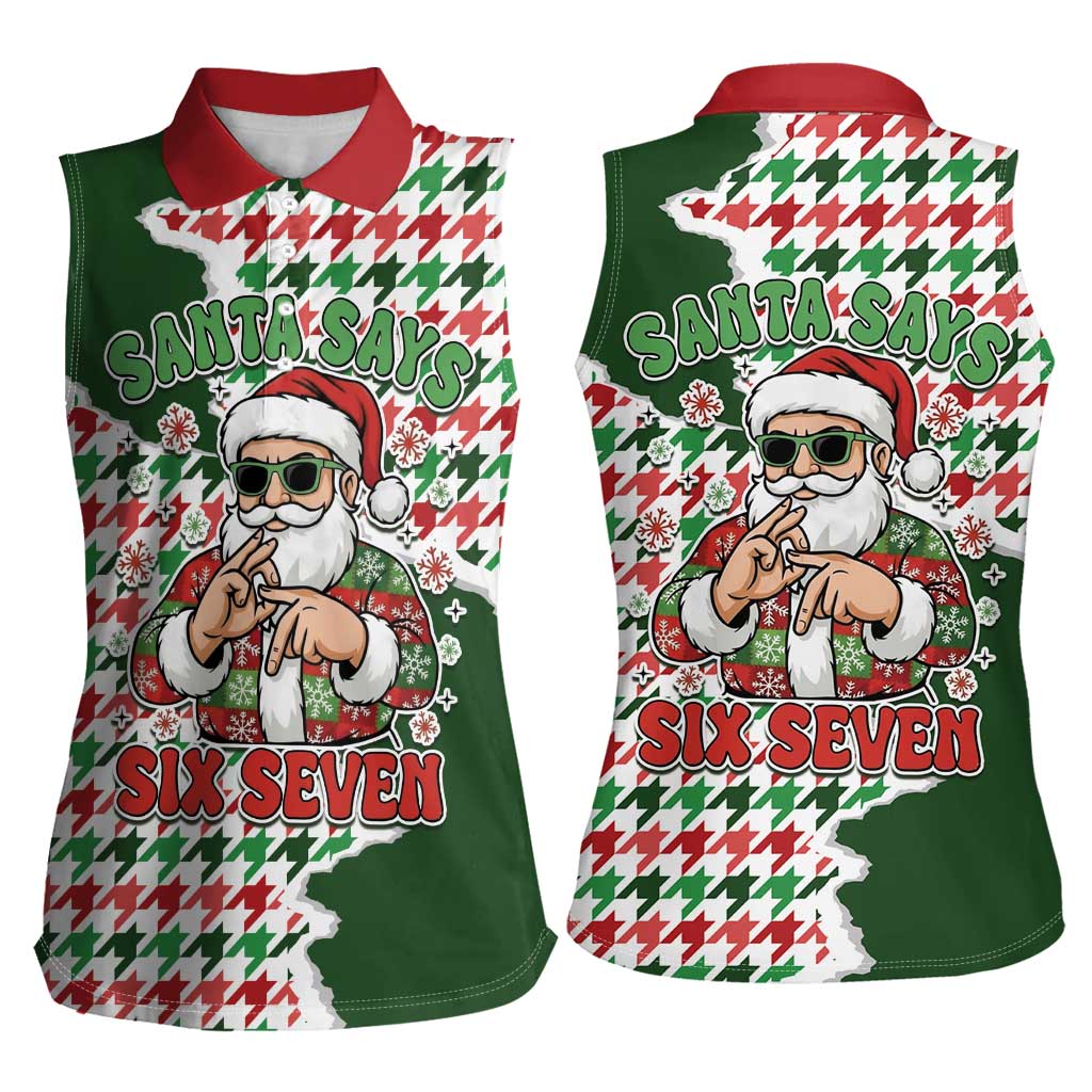 Funny Santa Claus Says Six Seven Women Sleeveless Polo Shirt Christmas Houndstooth Pattern - Wonder Print Shop