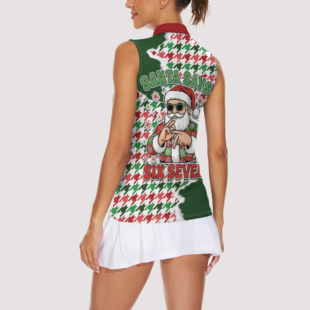 Funny Santa Claus Says Six Seven Women Sleeveless Polo Shirt Christmas Houndstooth Pattern - Wonder Print Shop