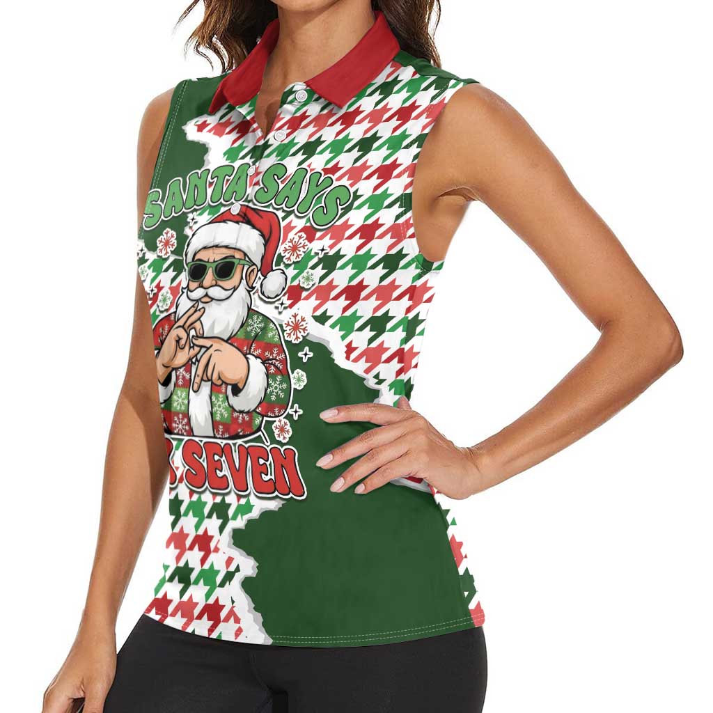 Funny Santa Claus Says Six Seven Women Sleeveless Polo Shirt Christmas Houndstooth Pattern - Wonder Print Shop