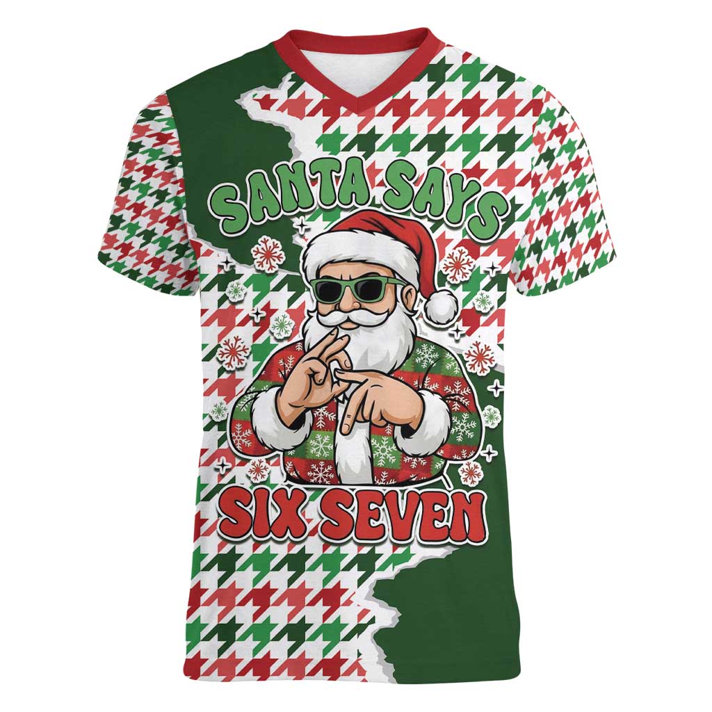 Funny Santa Claus Says Six Seven Women V-Neck T-Shirt Christmas Houndstooth Pattern - Wonder Print Shop
