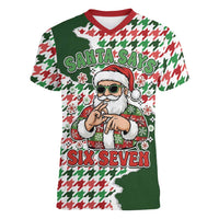 Funny Santa Claus Says Six Seven Women V-Neck T-Shirt Christmas Houndstooth Pattern - Wonder Print Shop