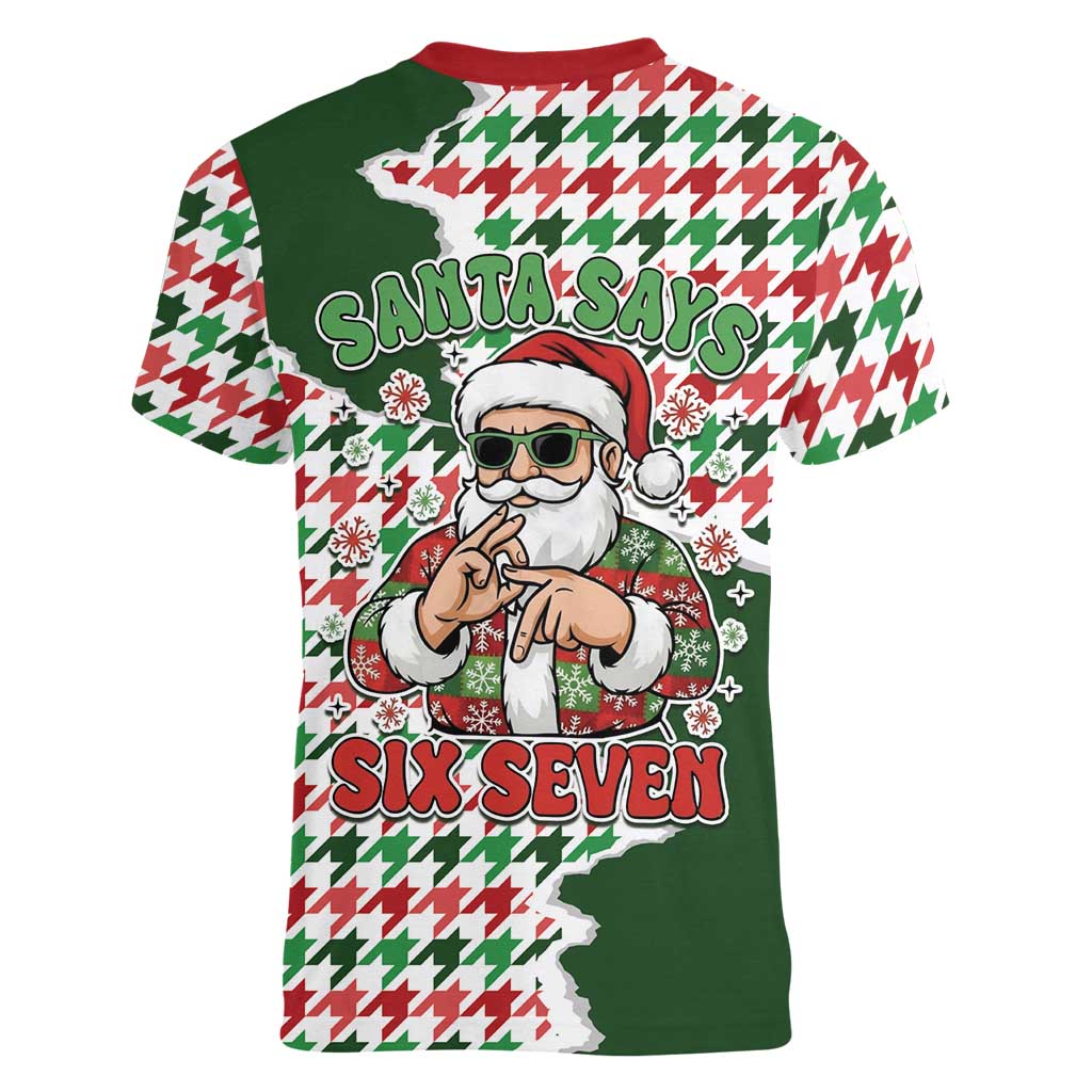 Funny Santa Claus Says Six Seven Women V-Neck T-Shirt Christmas Houndstooth Pattern - Wonder Print Shop