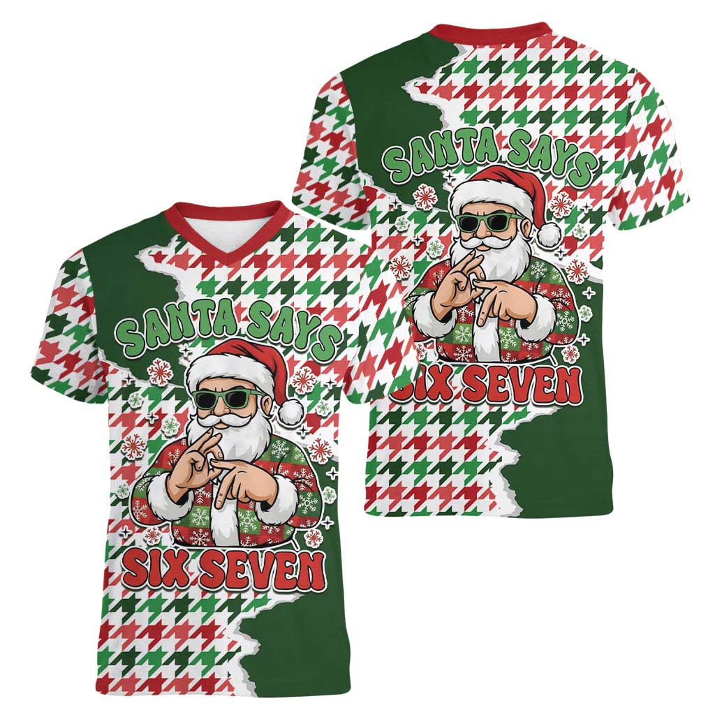 Funny Santa Claus Says Six Seven Women V-Neck T-Shirt Christmas Houndstooth Pattern - Wonder Print Shop