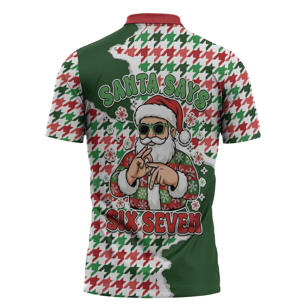 Funny Santa Claus Says Six Seven Zipper Polo Shirt Christmas Houndstooth Pattern - Wonder Print Shop