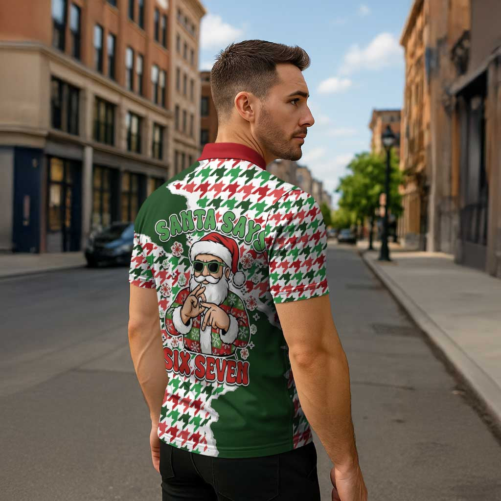 Funny Santa Claus Says Six Seven Zipper Polo Shirt Christmas Houndstooth Pattern - Wonder Print Shop