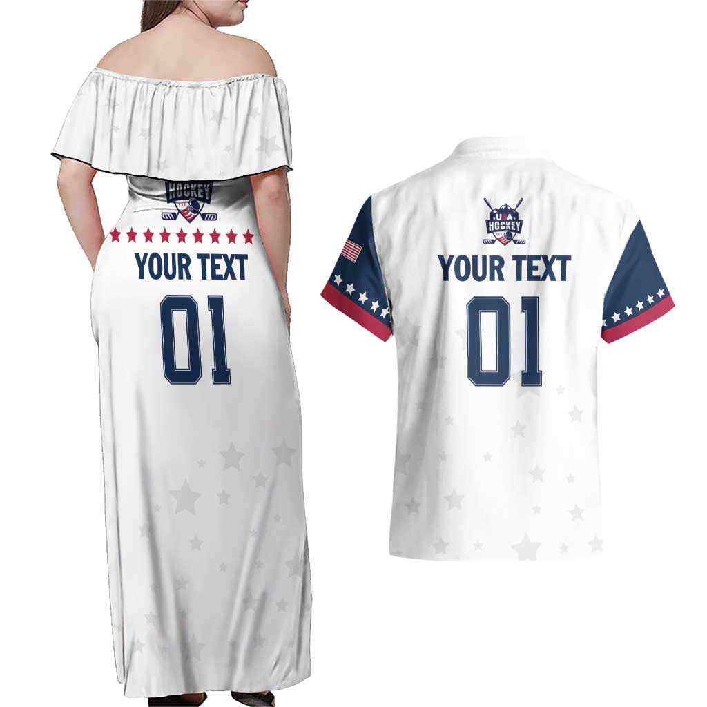 Custom USA Hockey Couples Matching Off Shoulder Maxi Dress and Hawaiian Shirt Team USA Champions - Wonder Print Shop