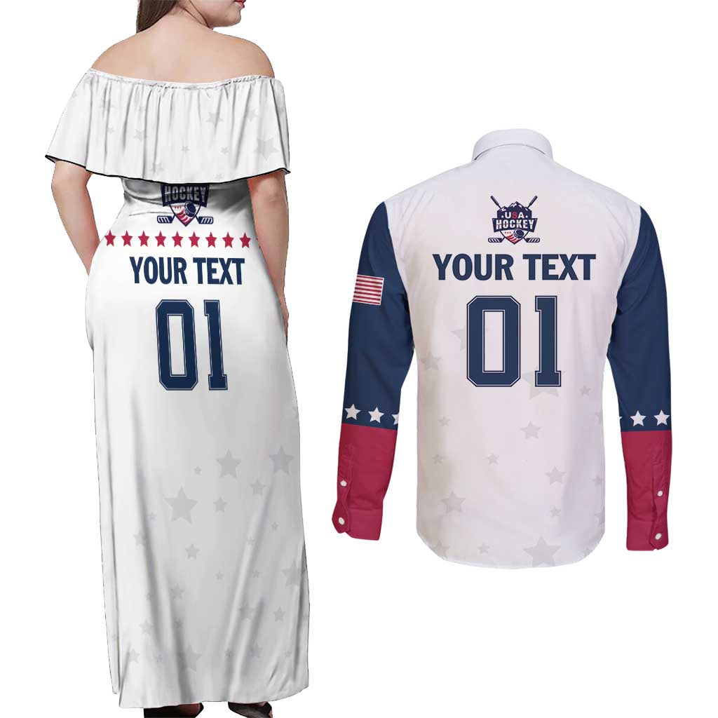 Custom USA Hockey Couples Matching Off Shoulder Maxi Dress and Long Sleeve Button Shirt Team USA Champions - Wonder Print Shop