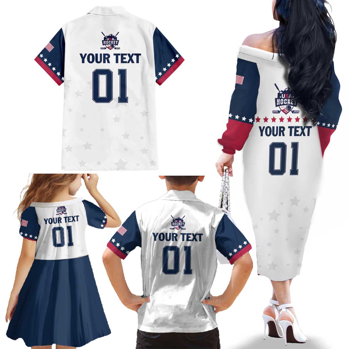 Custom USA Hockey Family Matching Off The Shoulder Long Sleeve Dress and Hawaiian Shirt Team USA Champions - Wonder Print Shop