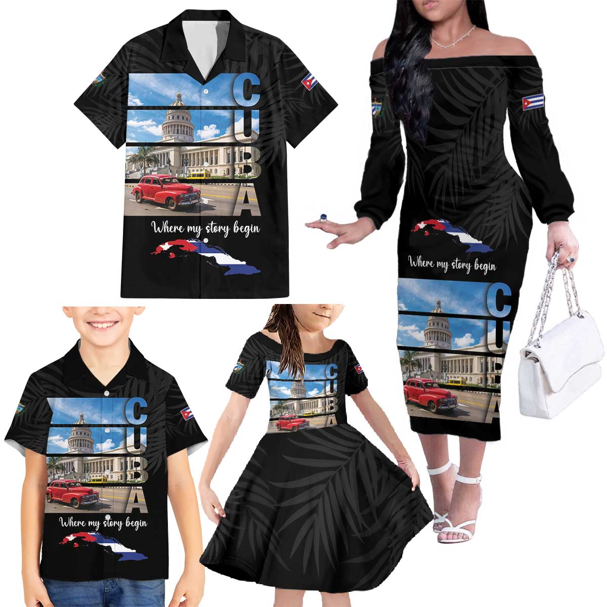 Cuba El Capitolio Family Matching Off The Shoulder Long Sleeve Dress and Hawaiian Shirt Where My Story Begin - Wonder Print Shop