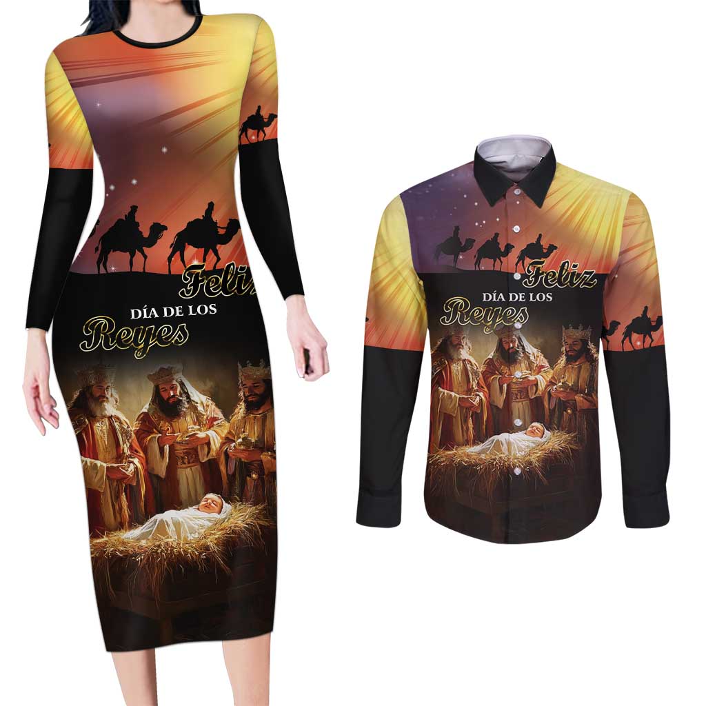 Three Kings Day Couples Matching Long Sleeve Bodycon Dress and Long Sleeve Button Shirt Epiphany Dia de los Reyes - Wonder Print Shop