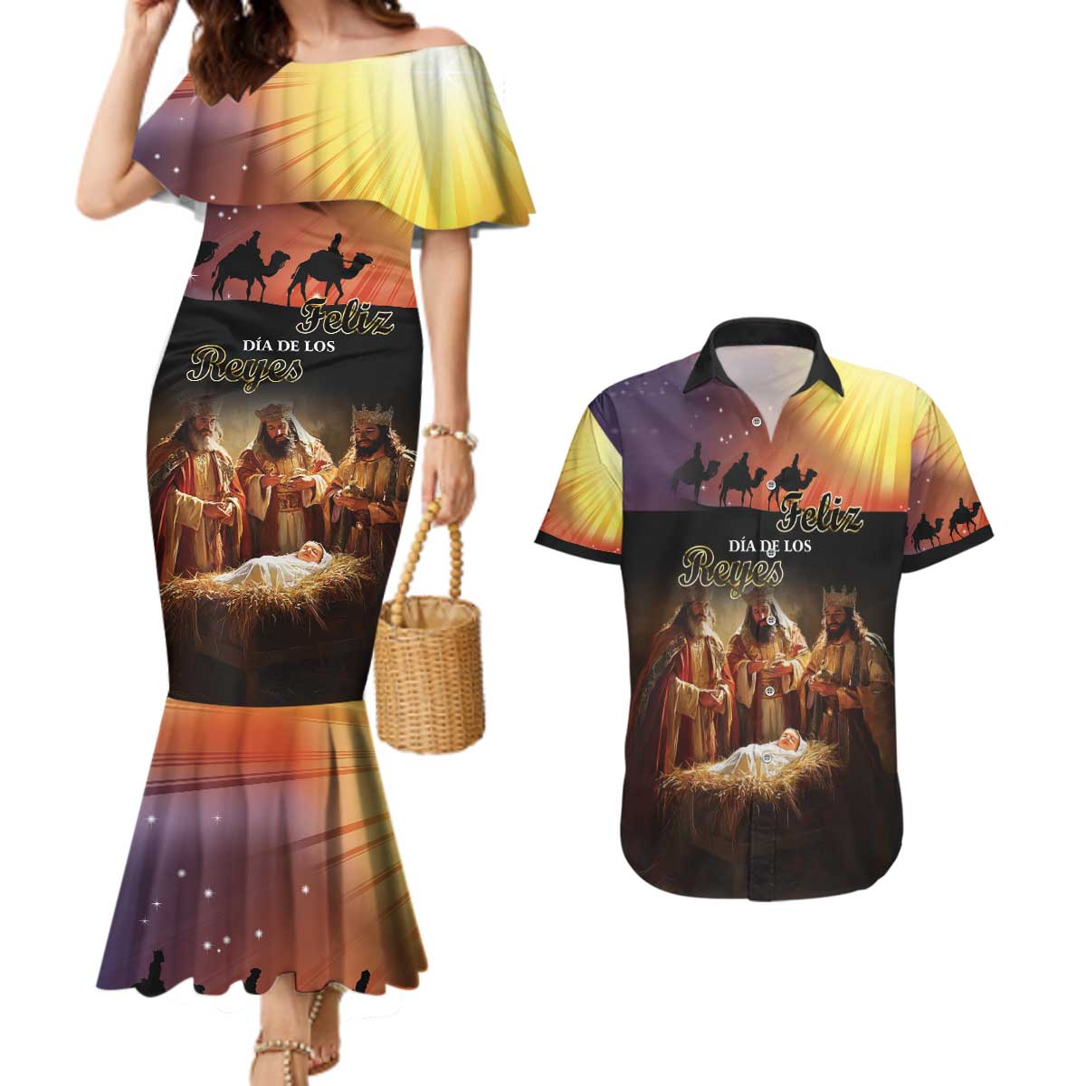 Three Kings Day Couples Matching Mermaid Dress and Hawaiian Shirt Epiphany Dia de los Reyes - Wonder Print Shop