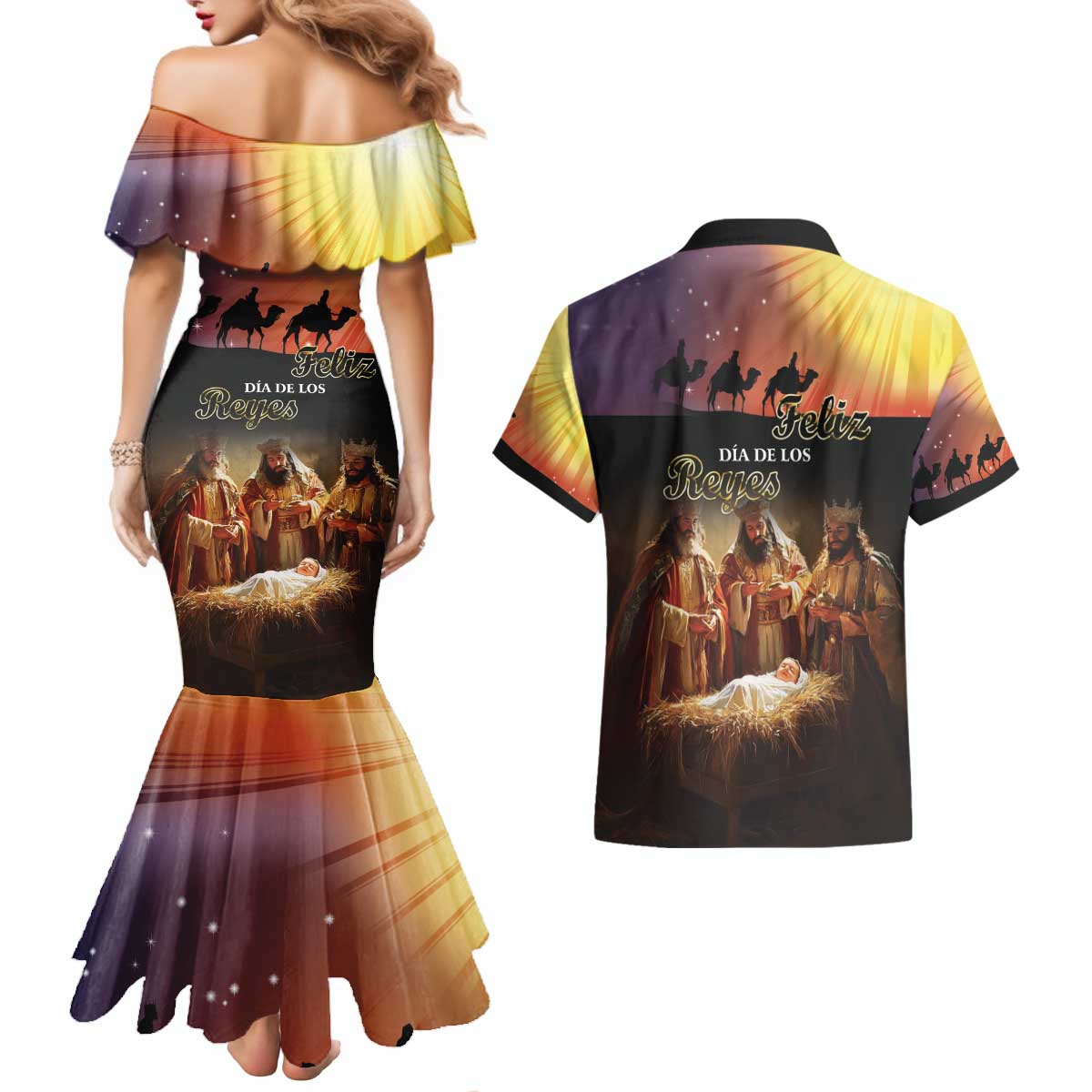 Three Kings Day Couples Matching Mermaid Dress and Hawaiian Shirt Epiphany Dia de los Reyes - Wonder Print Shop