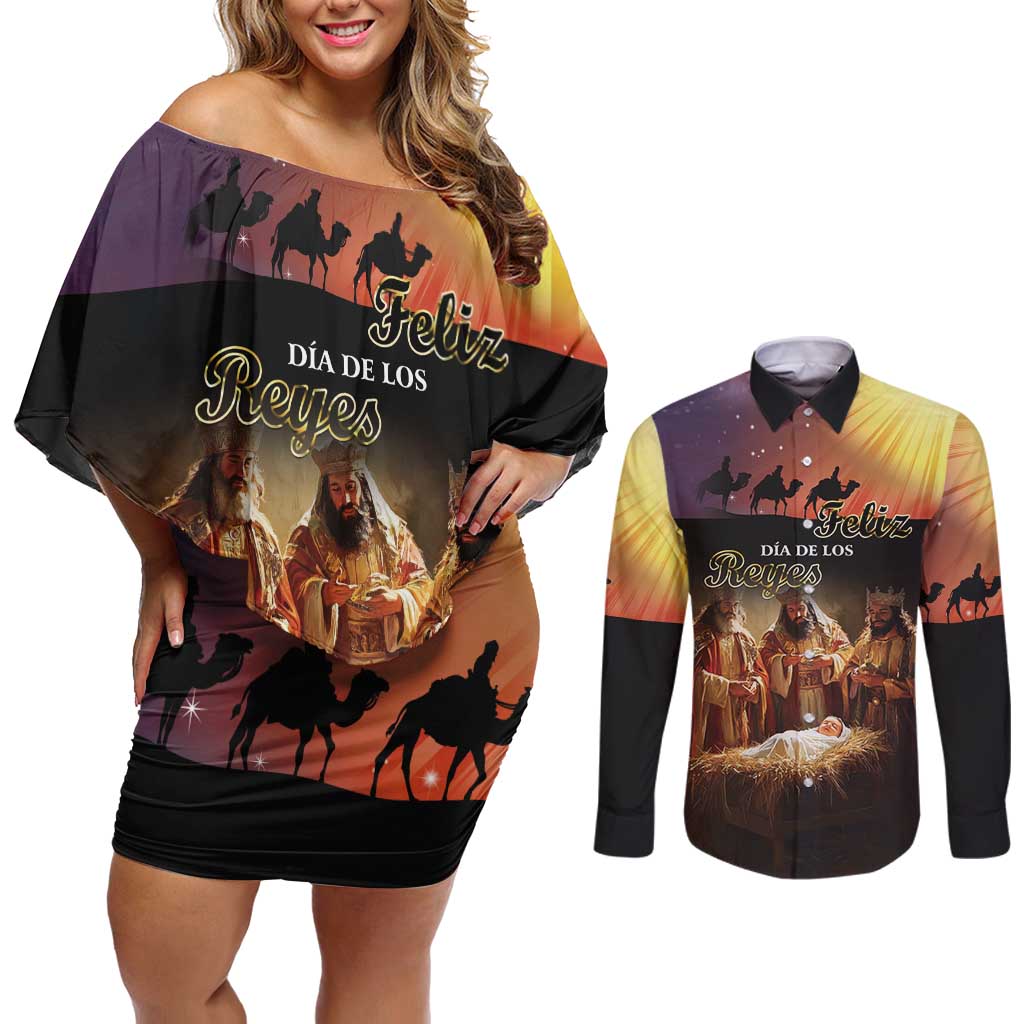 Three Kings Day Couples Matching Off Shoulder Short Dress and Long Sleeve Button Shirt Epiphany Dia de los Reyes - Wonder Print Shop