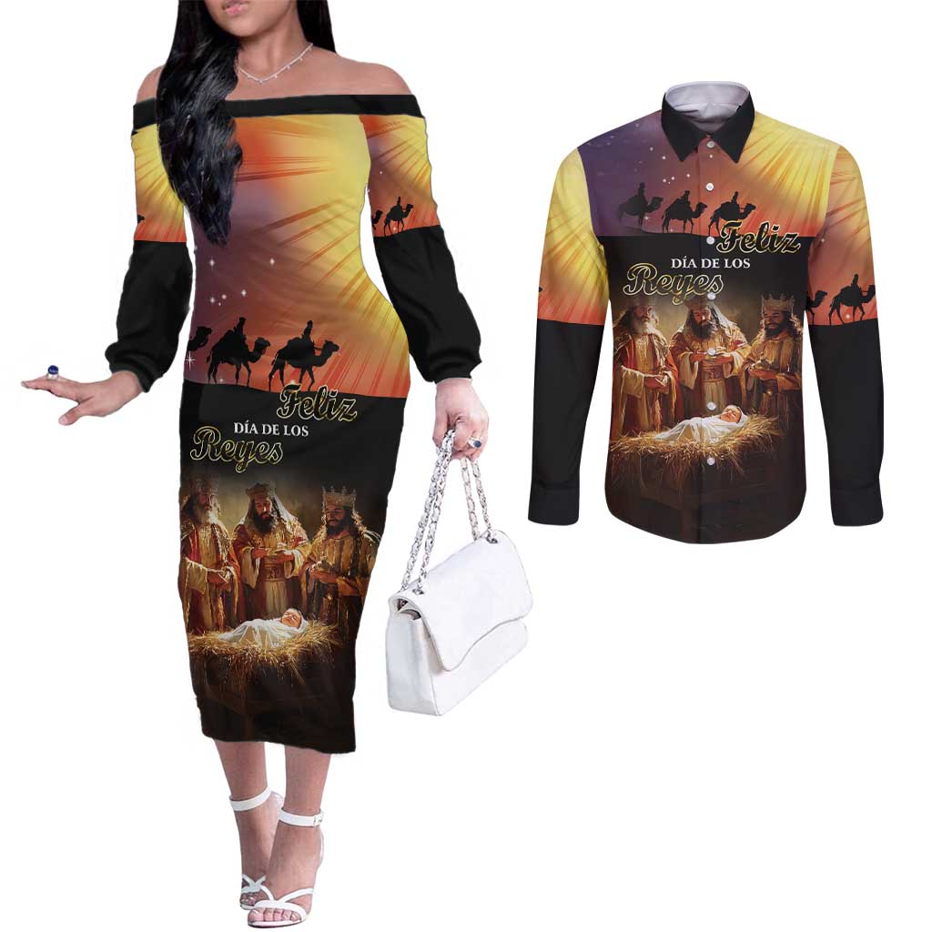 Three Kings Day Couples Matching Off The Shoulder Long Sleeve Dress and Long Sleeve Button Shirt Epiphany Dia de los Reyes