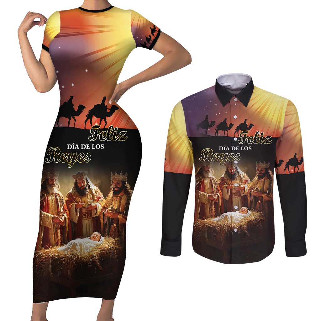 Three Kings Day Couples Matching Short Sleeve Bodycon Dress and Long Sleeve Button Shirt Epiphany Dia de los Reyes - Wonder Print Shop
