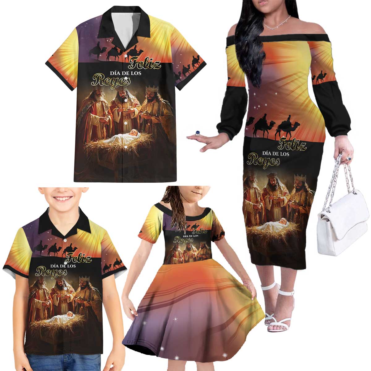 Three Kings Day Family Matching Off The Shoulder Long Sleeve Dress and Hawaiian Shirt Epiphany Dia de los Reyes - Wonder Print Shop