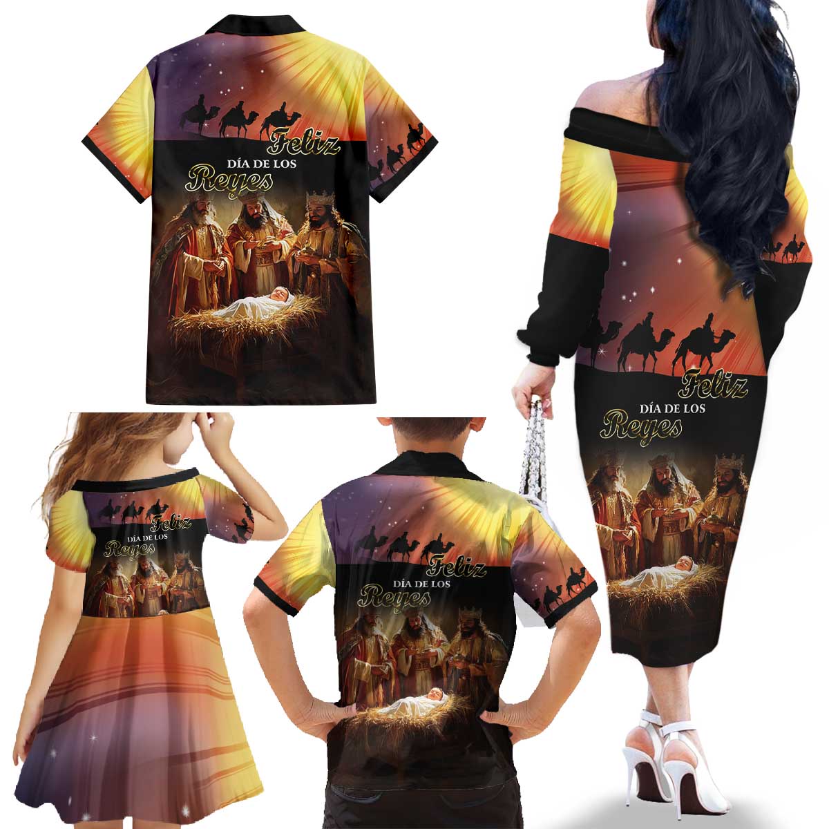 Three Kings Day Family Matching Off The Shoulder Long Sleeve Dress and Hawaiian Shirt Epiphany Dia de los Reyes - Wonder Print Shop