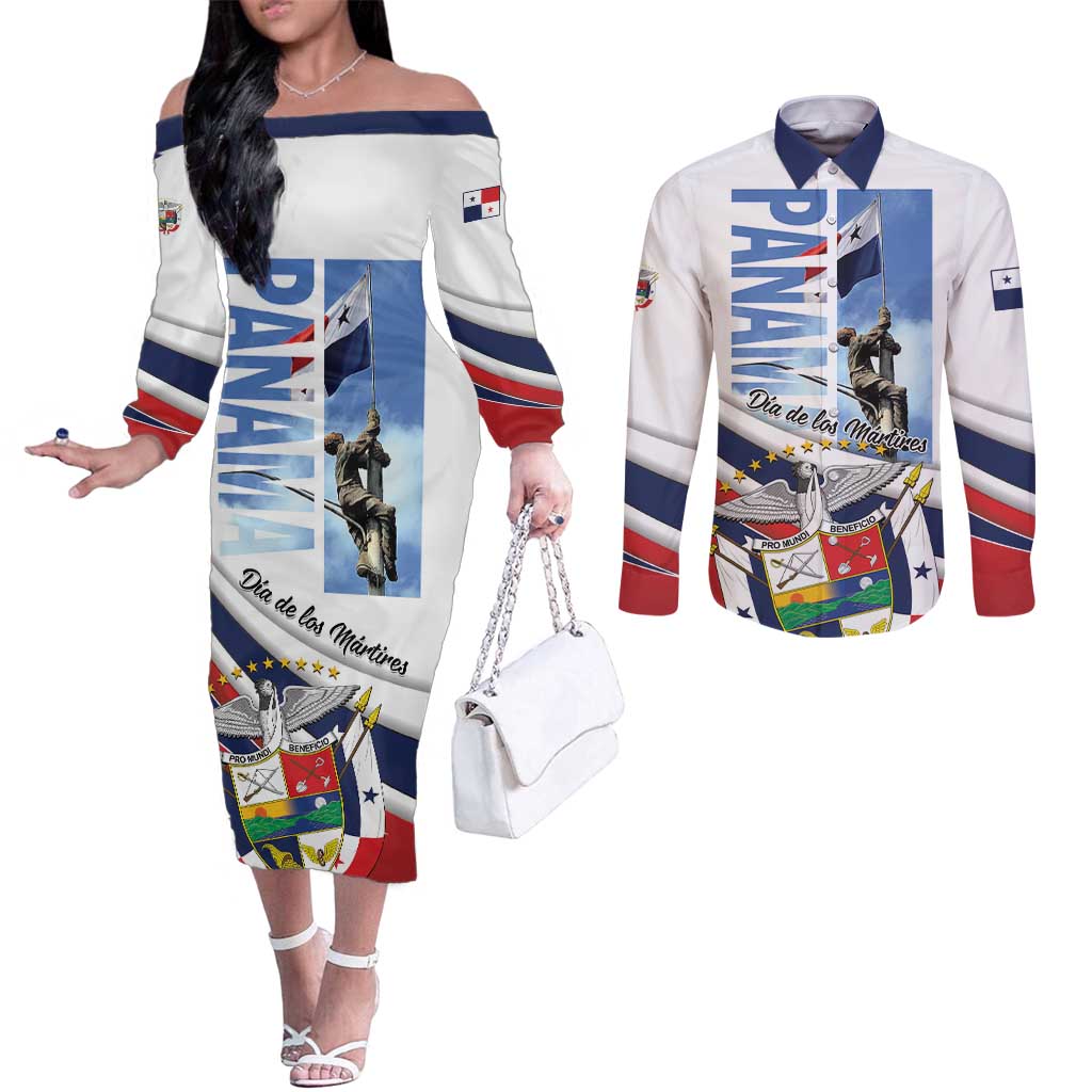Panama Martyrs Day Couples Matching Off The Shoulder Long Sleeve Dress and Long Sleeve Button Shirt Dia de los Martires
