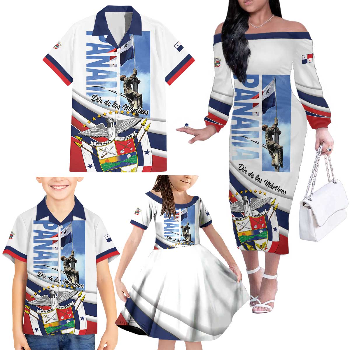 Panama Martyrs Day Family Matching Off The Shoulder Long Sleeve Dress and Hawaiian Shirt Dia de los Martires - Wonder Print Shop