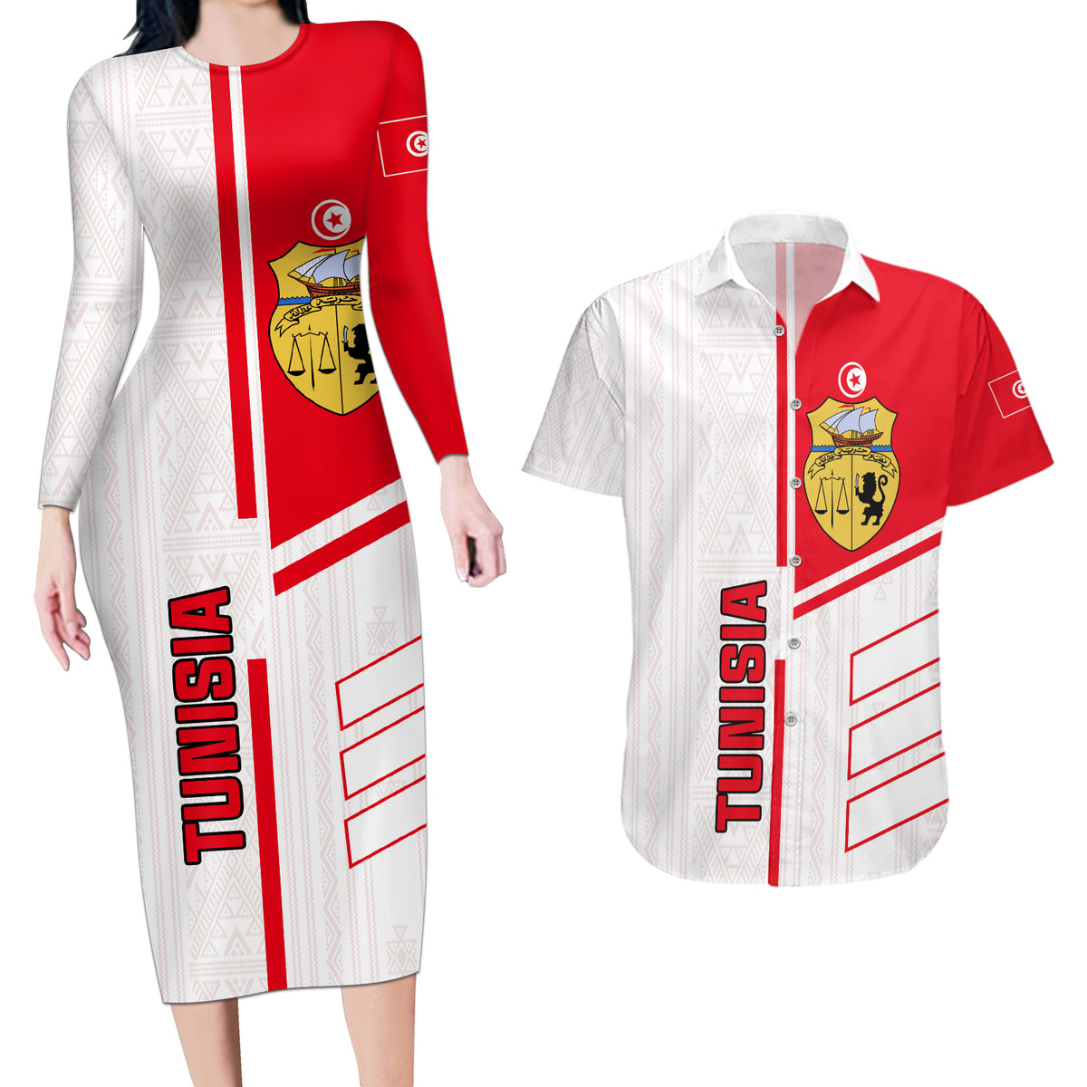 Tunisia Football Couples Matching Long Sleeve Bodycon Dress and Hawaiian Shirt Go Eagles of Carthage - Wonder Print Shop