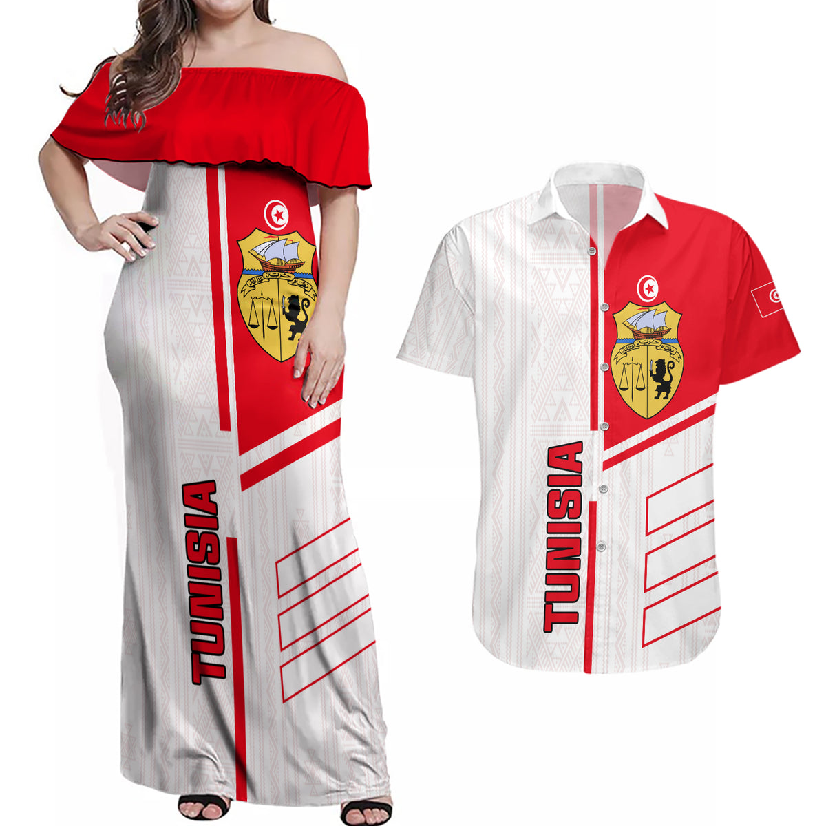 Tunisia Football Couples Matching Off Shoulder Maxi Dress and Hawaiian Shirt Go Eagles of Carthage - Wonder Print Shop