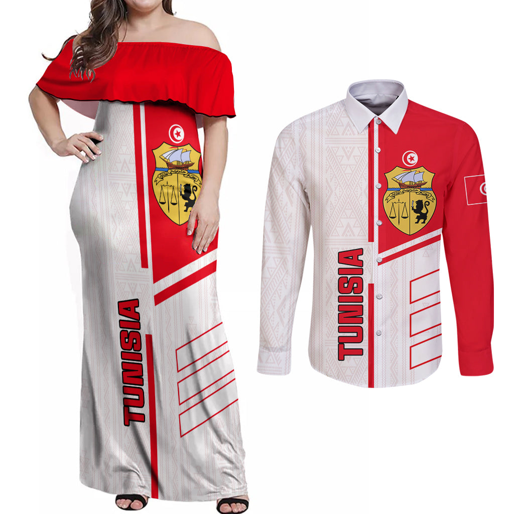 Tunisia Football Couples Matching Off Shoulder Maxi Dress and Long Sleeve Button Shirt Go Eagles of Carthage - Wonder Print Shop