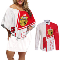 Tunisia Football Couples Matching Off Shoulder Short Dress and Long Sleeve Button Shirt Go Eagles of Carthage - Wonder Print Shop