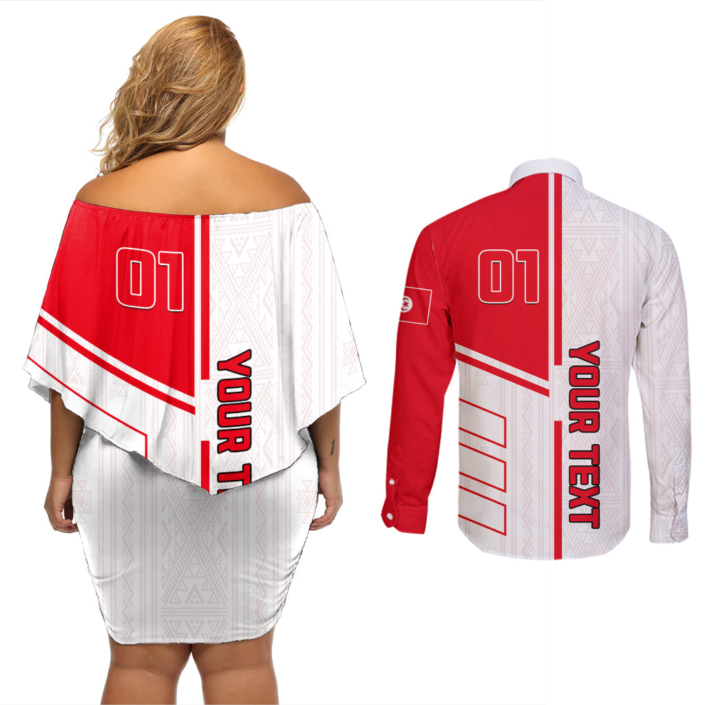 Tunisia Football Couples Matching Off Shoulder Short Dress and Long Sleeve Button Shirt Go Eagles of Carthage - Wonder Print Shop