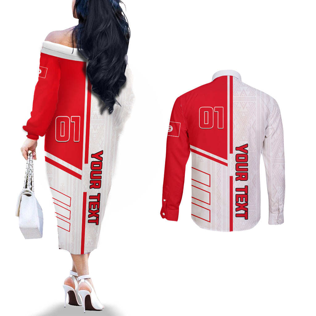 Tunisia Football Couples Matching Off The Shoulder Long Sleeve Dress and Long Sleeve Button Shirt Go Eagles of Carthage
