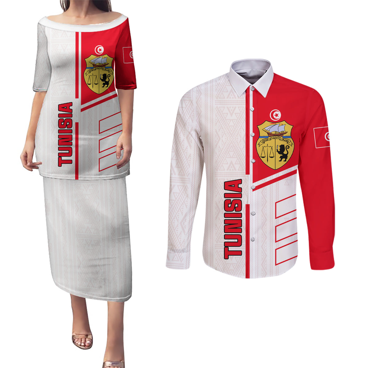 Tunisia Football Couples Matching Puletasi and Long Sleeve Button Shirt Go Eagles of Carthage - Wonder Print Shop